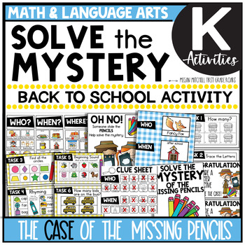 Preview of Back to School Solve the Mystery Math & ELA Task Card Activity Kindergarten