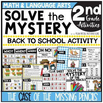 Preview of Back to School Solve the Mystery Math & ELA Task Card Activity Second Grade