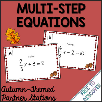 Preview of Back to School Solving Multi Step Equations Autumn Themed Partner Stations