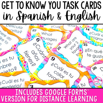 Preview of Back to School Spanish Get to Know You Task Cards in Spanish & English + DIGITAL