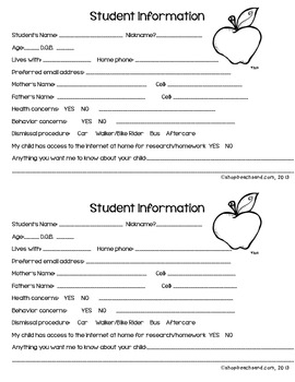 Preview of Back to School Student Information Cards