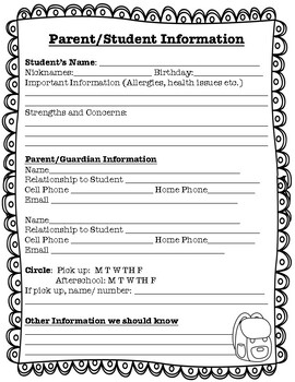 Back to School Student Parent Information sheet by Brianna Nozdrovicky
