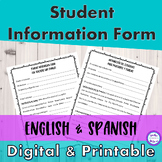 FREE Student Information Sheet English & Spanish Digital &