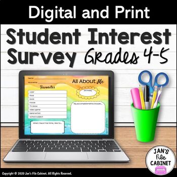 Preview of Student Interest Survey Grades 4-5 Back to School GOOGLE SLIDES AND PRINT