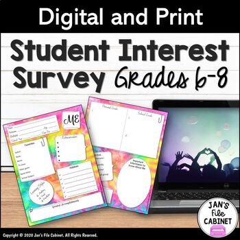 Preview of Student Interest Survey Grades 6-8 Back to School GOOGLE SLIDES AND PRINT