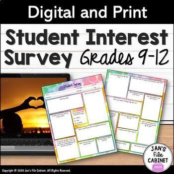 Preview of Student Interest Survey Grades 9-12 Back to School GOOGLE SLIDES AND PRINT
