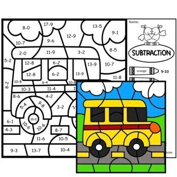 Back to School Subtraction Color by Number Code to 10 & 20 Coloring ...