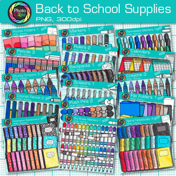 Preview of Back to School Supplies Clipart Bundle: Crayon, Marker, Pencil Clip Art PNG B&W