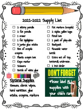 Back to School Supply List for TK by MsGrospitz | TpT