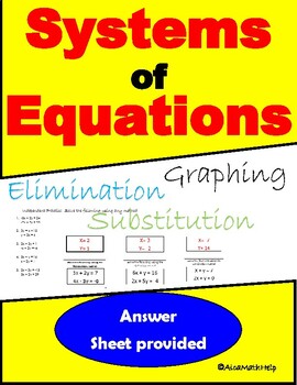 Preview of Back to School System of Equations 3 Methods: elimination, substitution graphing