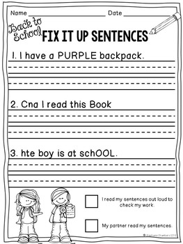 Back to School Editing Sentences: First Grade, Capitalization, Punctuation