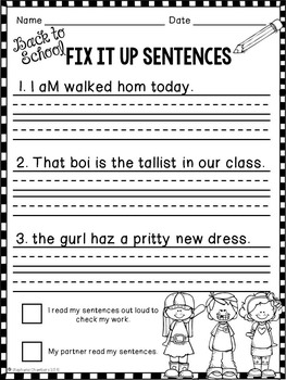 Back to School Editing Sentences: Second Grade, Capitalization, Punctuation