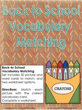 Preview of Back to School Vocabulary Matching Activity Center
