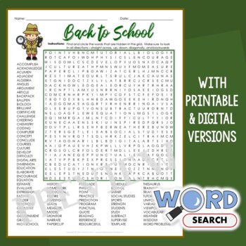 Preview of Back to School Word Search Middle School Beginning of Year Worksheet, Activity
