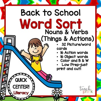 Back To School Word Sort Literacy Center Nouns Verbs As Things Action