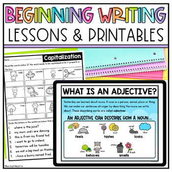 Preview of Beginning Writing Unit Digital Teaching Slides & Writing Printables First Grade