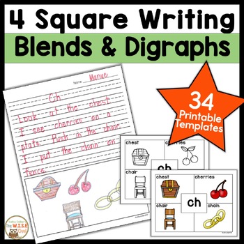 Preview of Back to School Writing Prompts K & 1st Blends Digraphs 4 Square Templates
