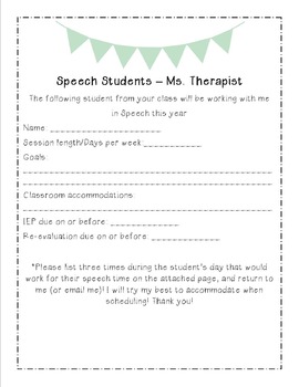 Preview of Back to Speech - Student Info Letter for Teachers - Editable