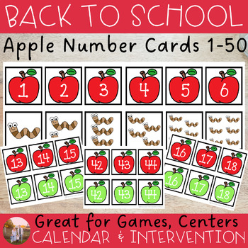 Preview of Back-to-school Apple Numbers 1 - 50 Cards for Centers - Games - Calendar