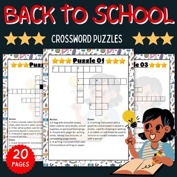 Preview of Back to school Crossword Puzzles with Solution Activities -Fun August Activities