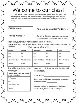 Preview of Back to school Forms Student Parent Information Sign-In Sheet