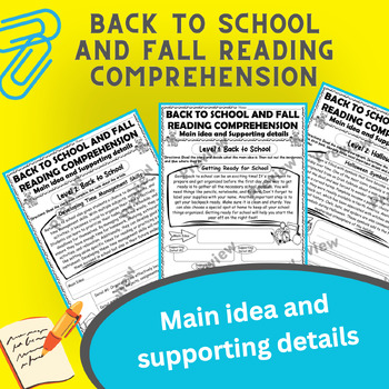 Preview of Back to school and Fall Reading comprehension - Main idea and supporting details