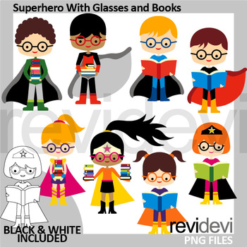 Preview of Back to school clipart - Superhero with glasses and books