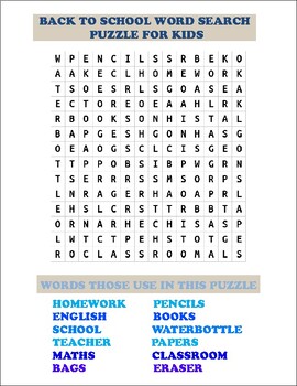 Preview of Back to school word search puzzle for kids PUZZLE FOR KIDS