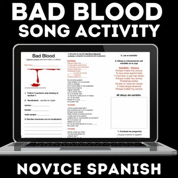 Preview of Bad Blood Spanish Version -  Spanish Class Music Cloze Activity for Spanish 1