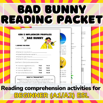 Preview of Bad Bunny Beginner ESL Reading Comprehension Passage and Activities