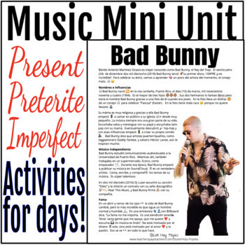 Preview of Bad Bunny Spanish Music Mini Unit - Preterite Imperfect Reading and Activities