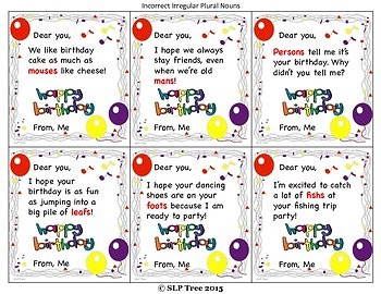 Bad Grammar Birthday Cards: Irregular Plurals by SLP Tree | TpT