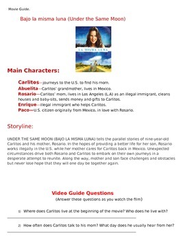 Under The Same Moon Movie Worksheets Teaching Resources Tpt