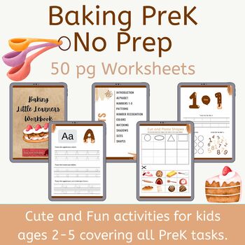 Baking PreK No Prep Worksheets with Cookies, Cakes, and Baking Supplies