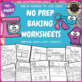 Baking PreK No Prep Worksheets with Cookies, Cakes, and Baking Supplies