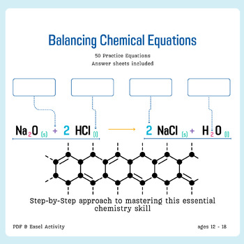 Preview of Balance Chemical Equations: 50 Practice Questions workbook with answer keys