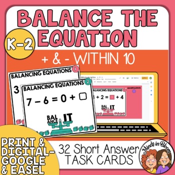 Preview of Balancing Equations Task Cards - Addition and Subtraction within 10