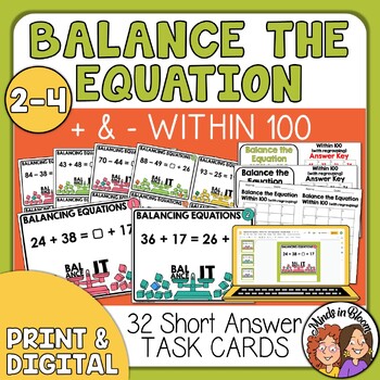 Preview of Balancing Equations Task Cards - Addition & Subtraction within 100 w/REGROUPING