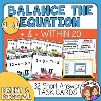 Preview of Balancing Equations Task Cards - Addition and Subtraction within 20
