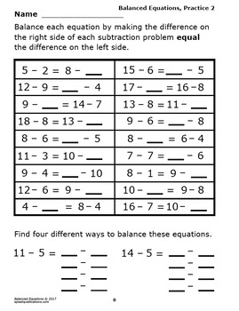 Balanced Equations Worksheets, Color Balanced Equations Game–DISTANCE