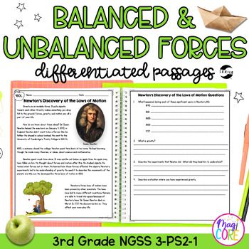 Preview of Balanced & Unbalanced Forces NGSS 3-PS2-1 Science Differentiated Reading Passage