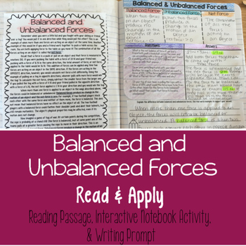 Preview of Balanced and Unbalanced Forces Reading Passage and Comprehension Activity