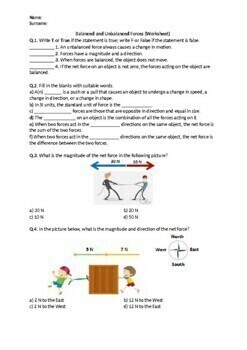 Preview of Balanced and Unbalanced Forces - Worksheet | Printable and Distance Learning