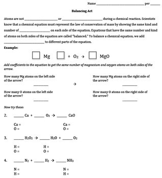 Balancing Chemical Equations, Conservation of Mass, Worksheets & Labs