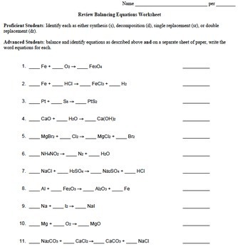 balancing chemical equations conservation of mass worksheets labs