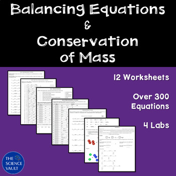Preview of Balancing Chemical Equations Conservation of Mass Worksheets and Labs