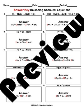 Balancing Chemical Equations Practice Worksheet Answer Key Tpt