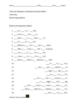 Preview of Balancing Chemical Reactions Worksheet 2