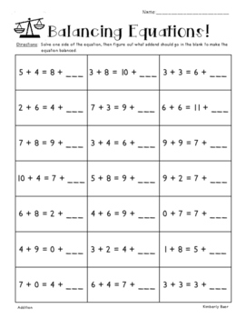 Preview of Balancing Equations - Missing Addends Worksheet Pack - 4 sheets Add/Subtract