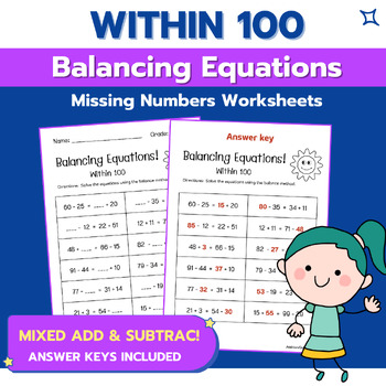 Preview of Balancing Equations- Missing Numbers Within100, Adding & Subtracting Worksheets